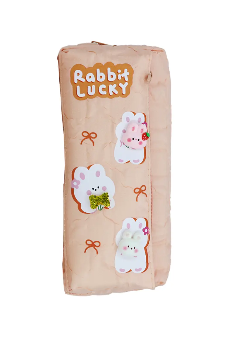Rabbit Lucky Cartoon Printed Pencil Pouch - Peach - Image 3