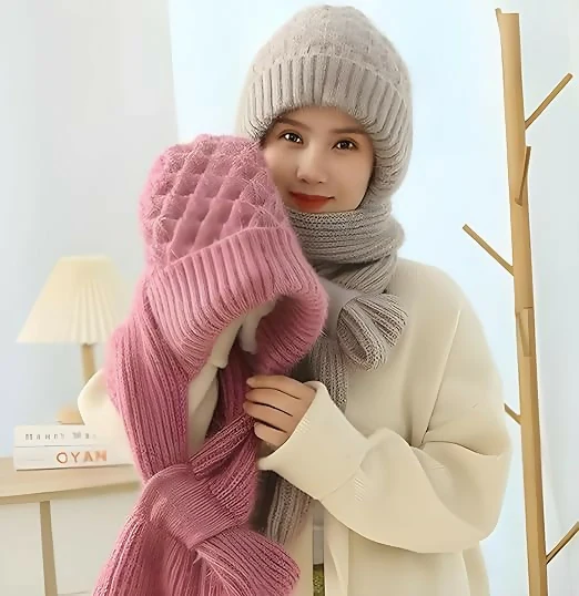2-in-1 Woolen Winter Cap with Attached Muffler for Women & Girls Stylish Knitted Beanie Scarf Combo Multicolour - Image 5