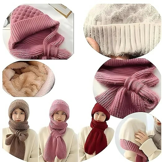 2-in-1 Woolen Winter Cap with Attached Muffler for Women & Girls Stylish Knitted Beanie Scarf Combo Multicolour - Image 6