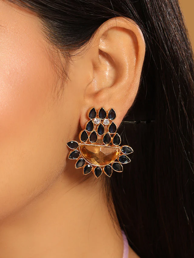22K Gold Plated Crystal Studded Contemporary Floral Shaped Stud Earrings - Image 6