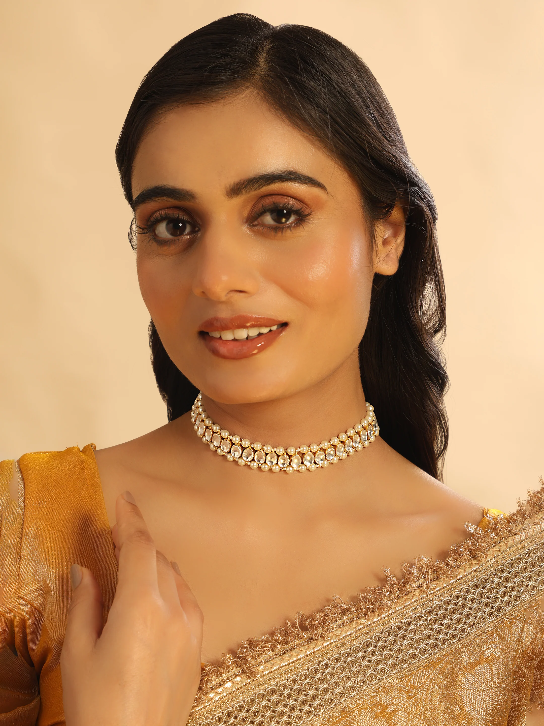22K Gold Plated Kundan Refined Sleek Choker Necklace