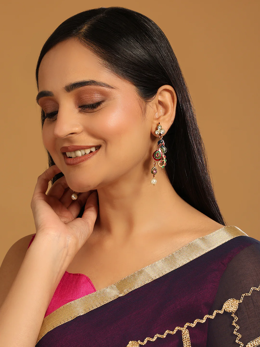 22K Gold Plated Pearl Kundan Studded Peacock Danglers