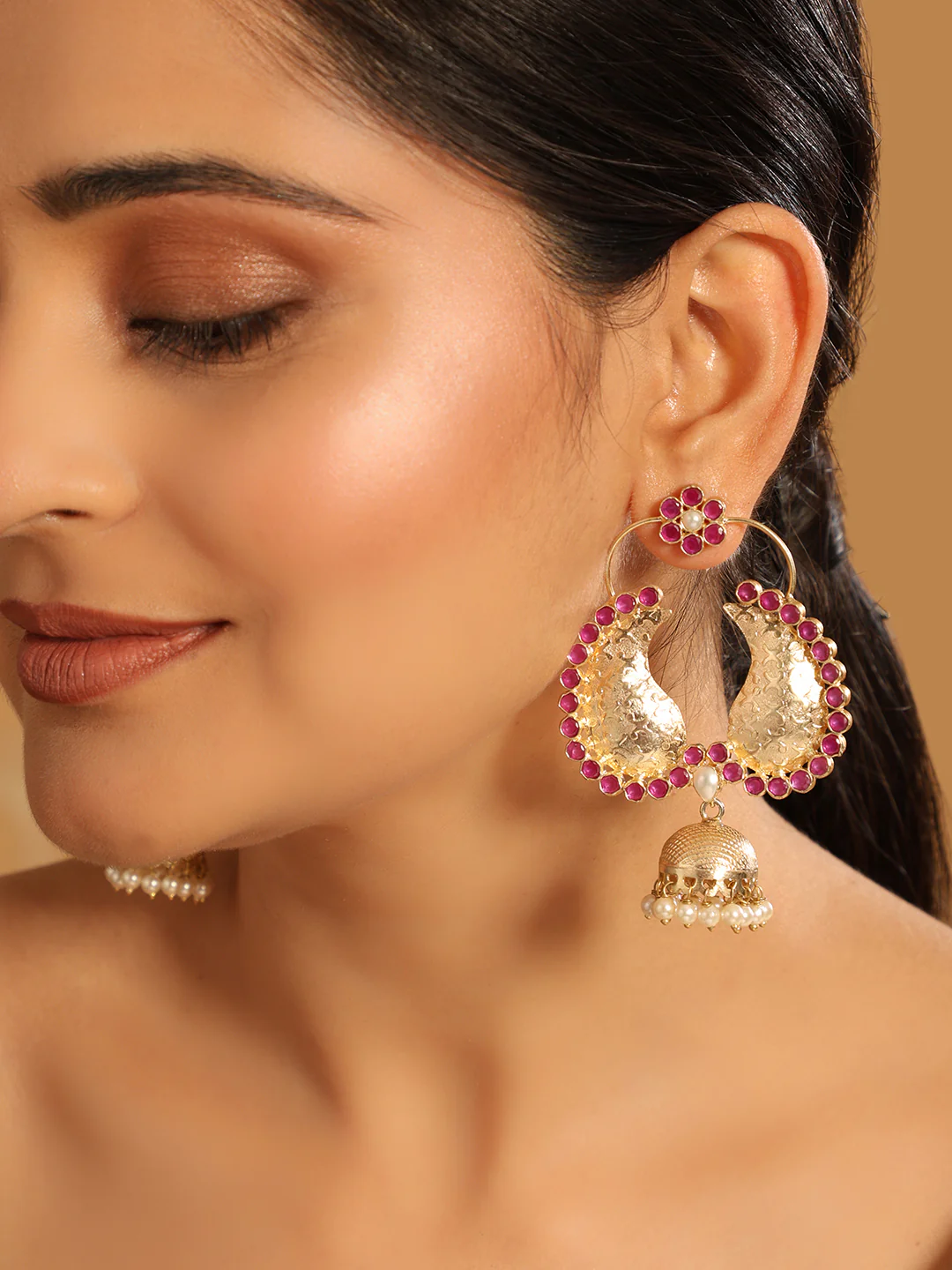 22K Gold Plated Pink Dangler Jhumki Earrings - Image 3