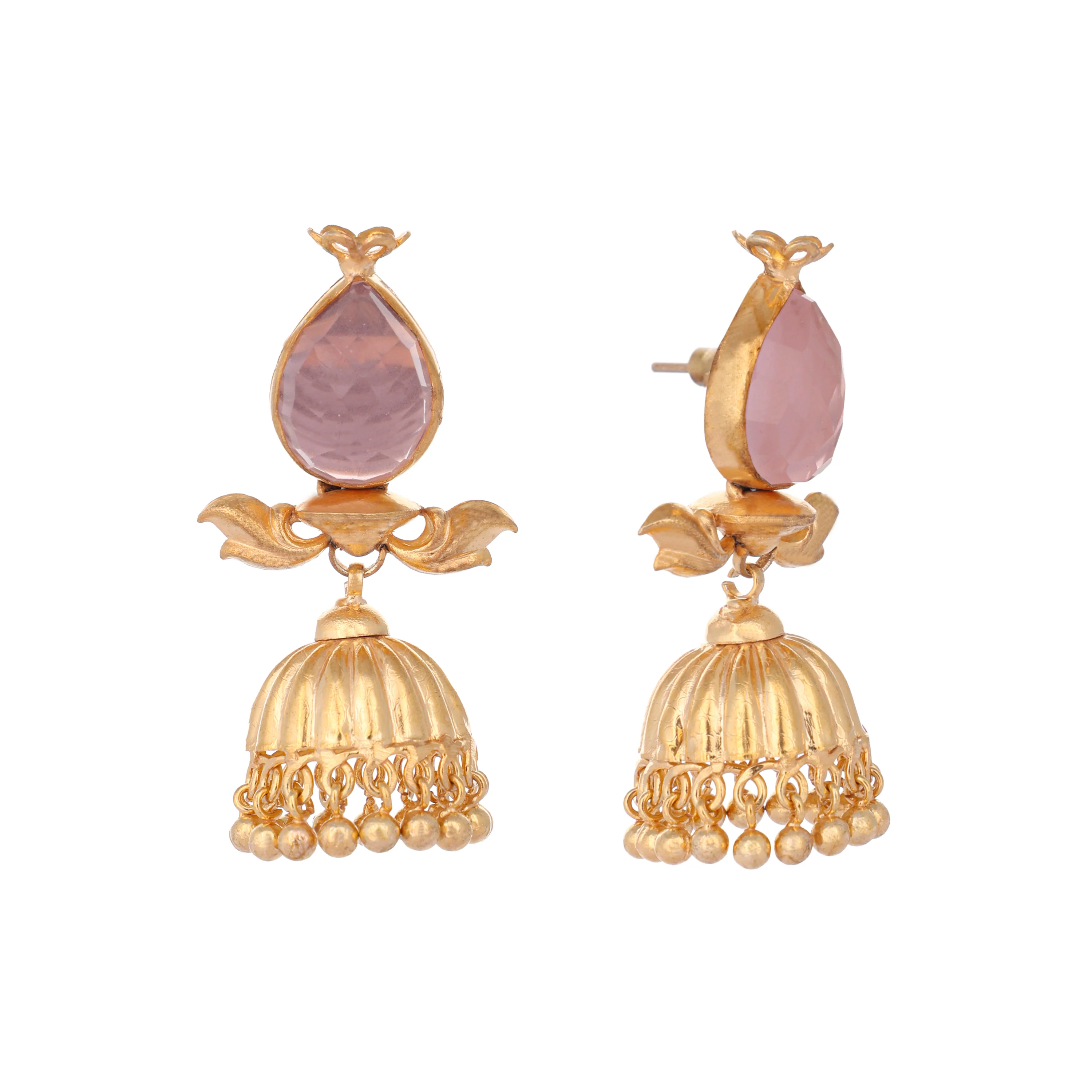 22K Gold Plated Rose Quartz Stone Ethnic Jhumkas - Image 6