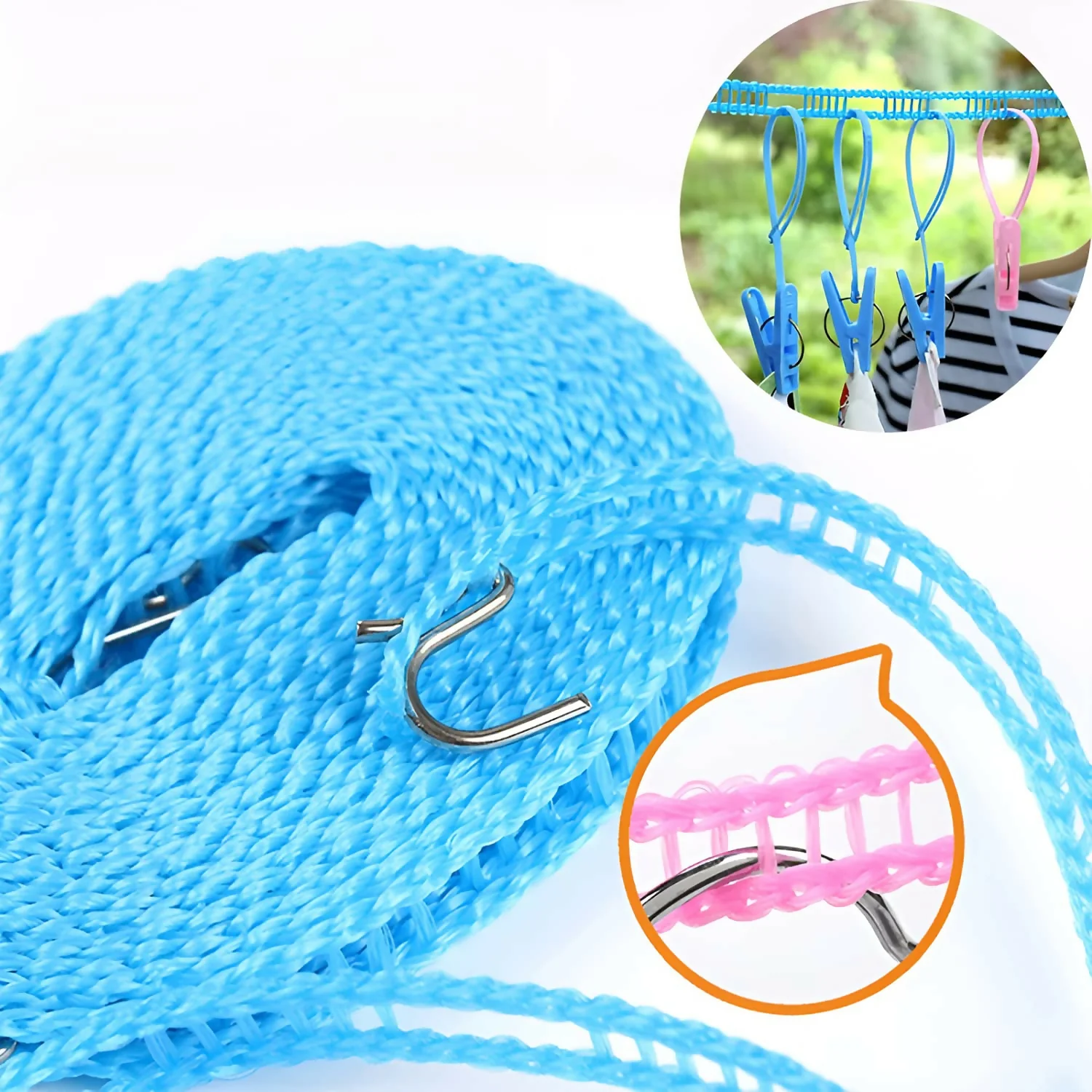 5 Meters Windproof Anti-Slip Clothes Washing Line Drying Nylon Rope with Hooks - Multicolor