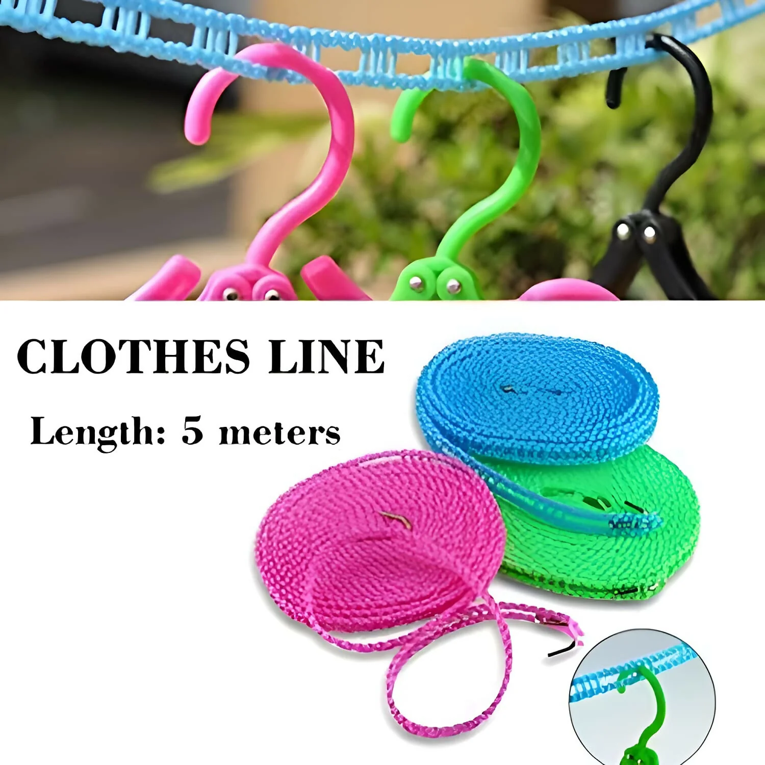 5 Meters Windproof Anti-Slip Clothes Washing Line Drying Nylon Rope with Hooks - Multicolor - Image 3