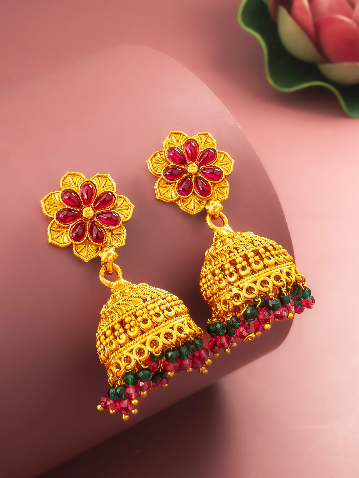 Aadita Floral Gold Plated Pink and Green Jhumka Earrings - Image 5