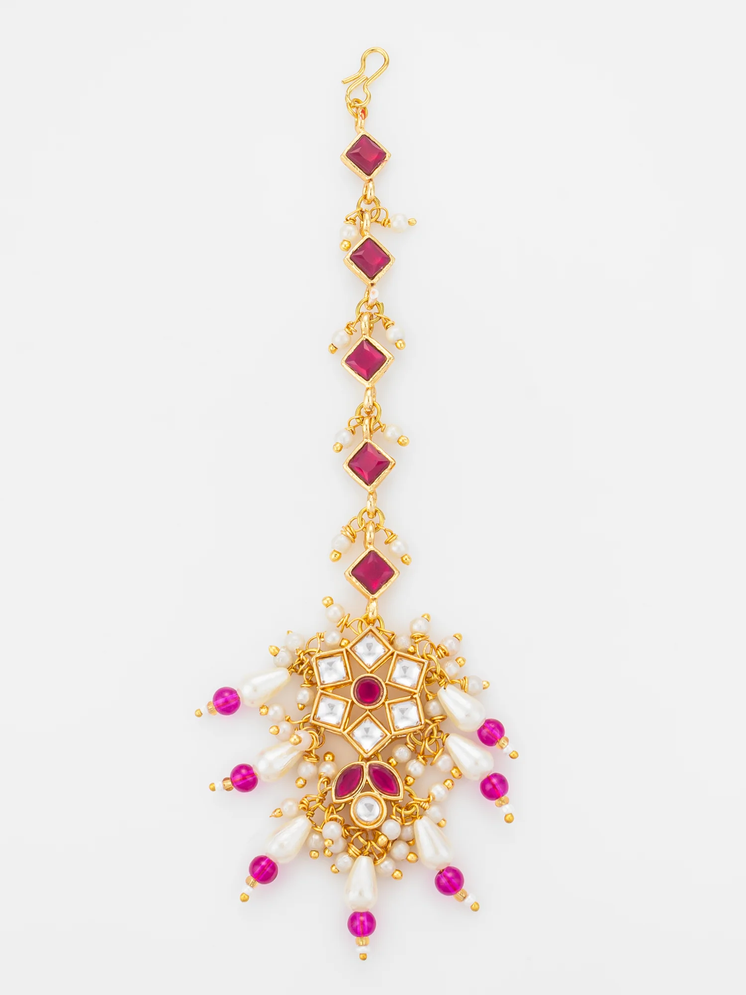 Aadita Gold Plated Diamond-Cut Ruby Stone Chain Mangtika with Kundan Star Pendant and Pearl Drops