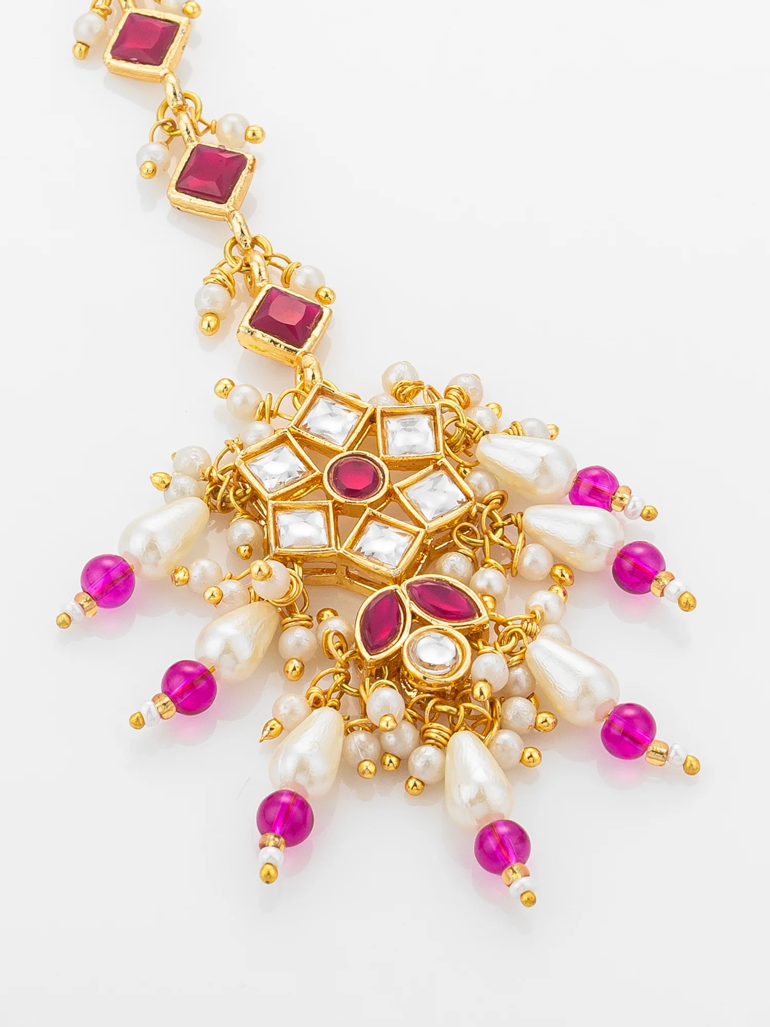 Aadita Gold Plated Diamond-Cut Ruby Stone Chain Mangtika with Kundan Star Pendant and Pearl Drops - Image 3