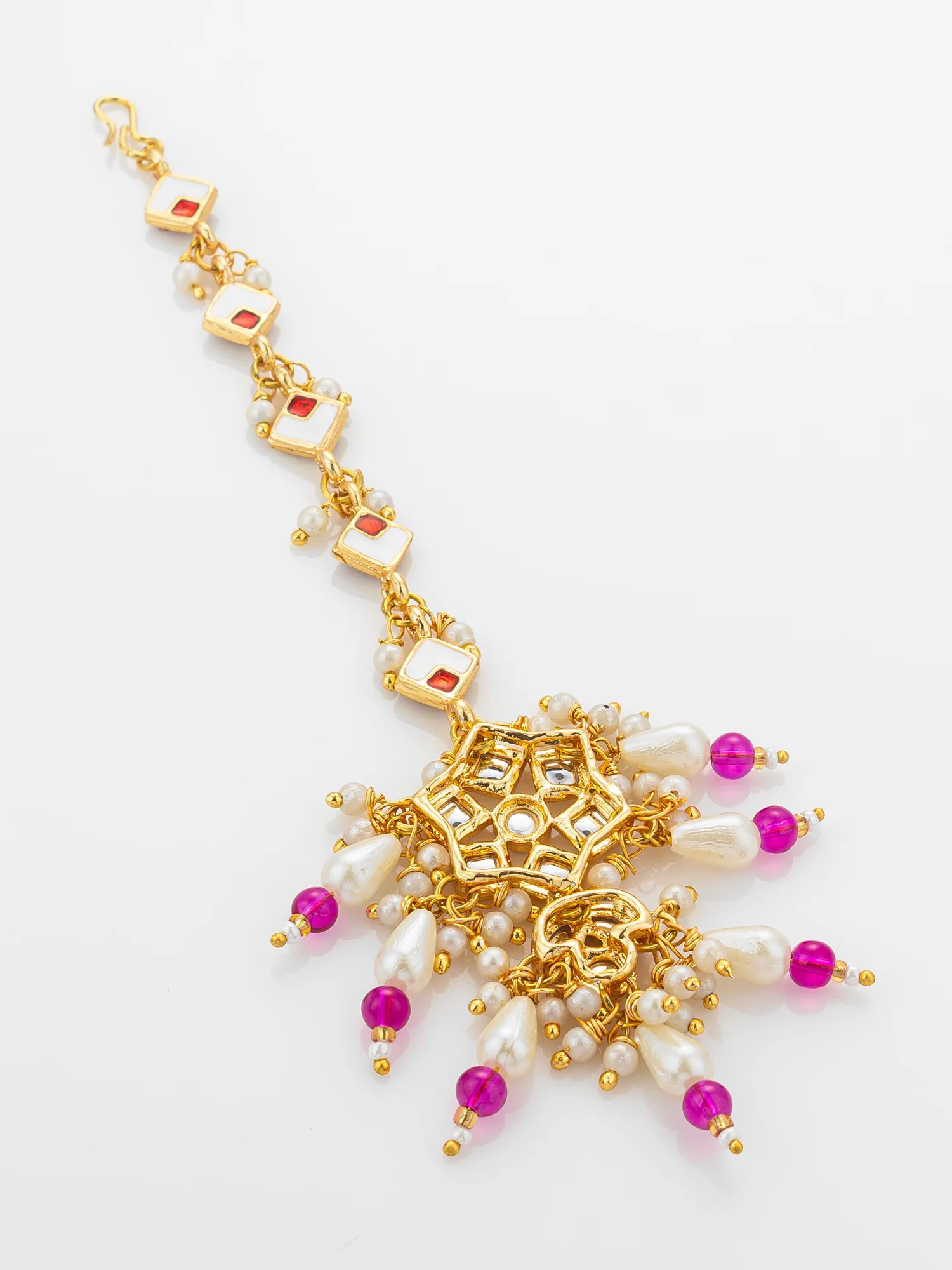 Aadita Gold Plated Diamond-Cut Ruby Stone Chain Mangtika with Kundan Star Pendant and Pearl Drops - Image 4