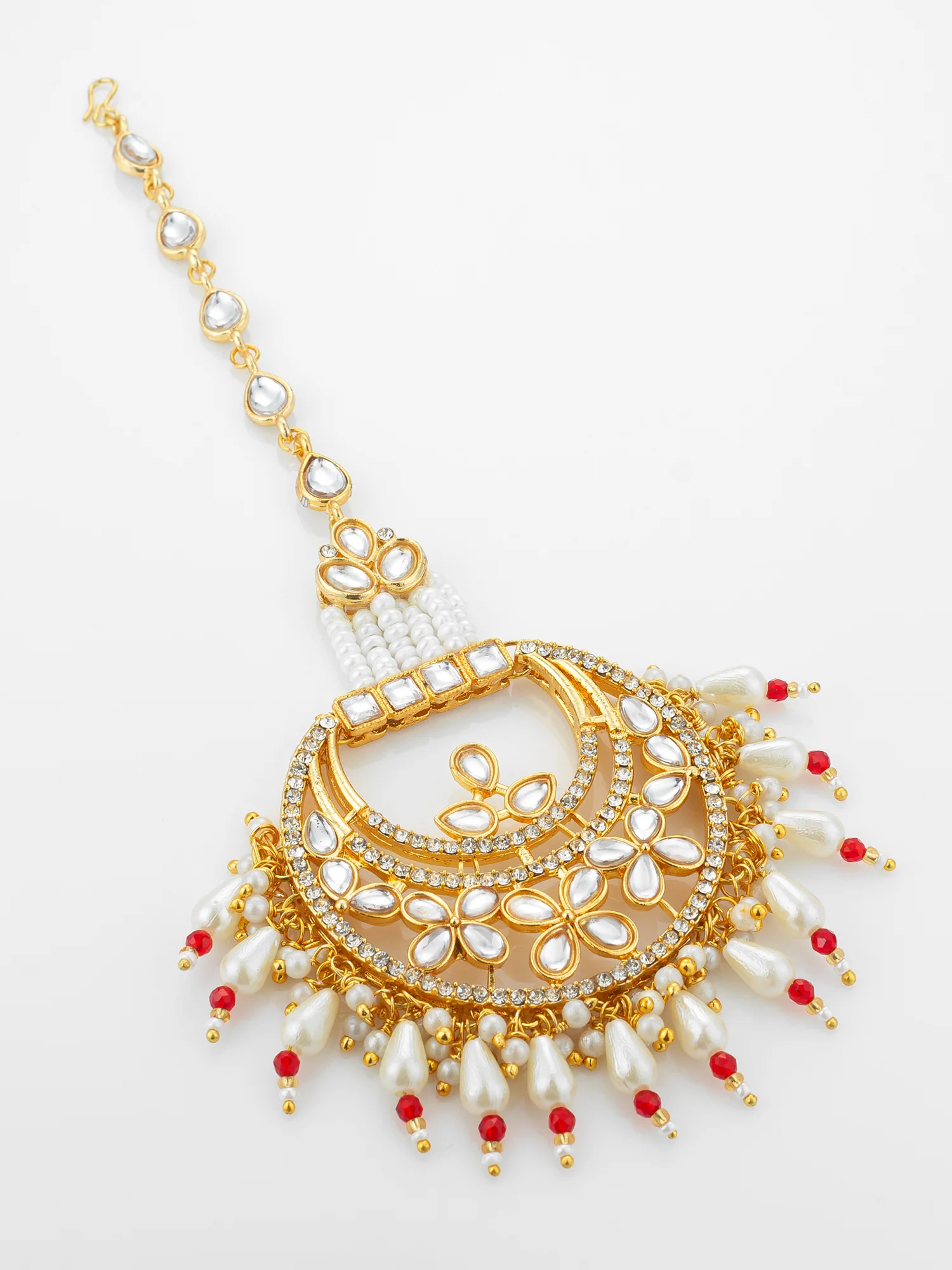 Aadita Gold Plated Kundan Chandbali Maang Tikka with Pearl and Red Crystal Drops - Image 2