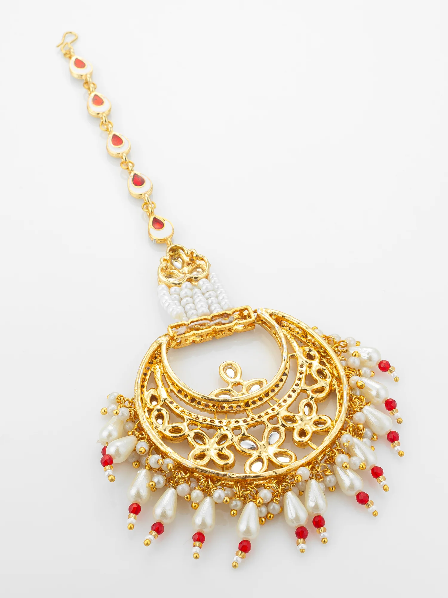 Aadita Gold Plated Kundan Chandbali Maang Tikka with Pearl and Red Crystal Drops - Image 4