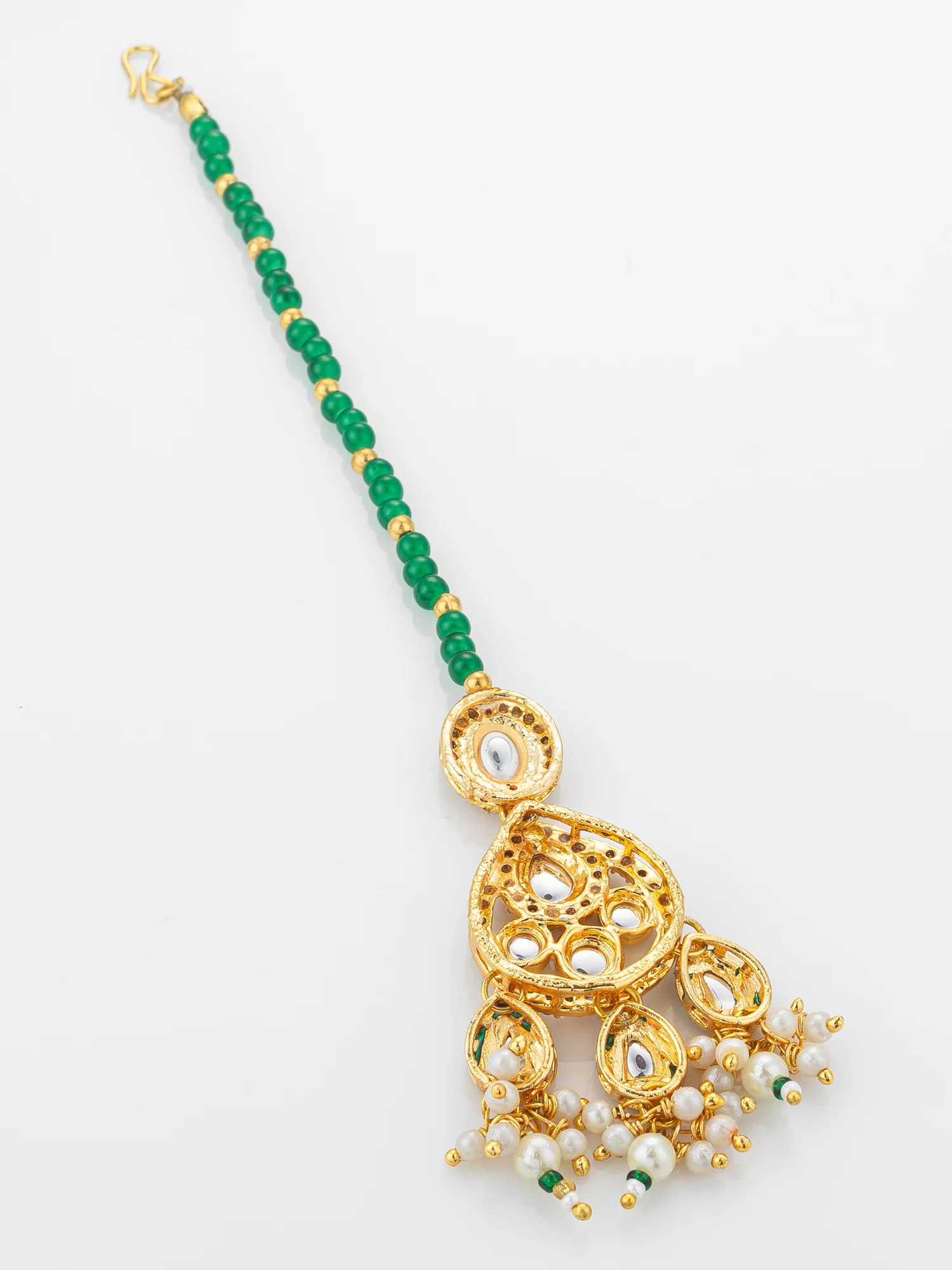 Aadita Gold Plated Kundan Chandbali-Style Mangtika with Green Bead Chain and Pearl Drops - Image 4