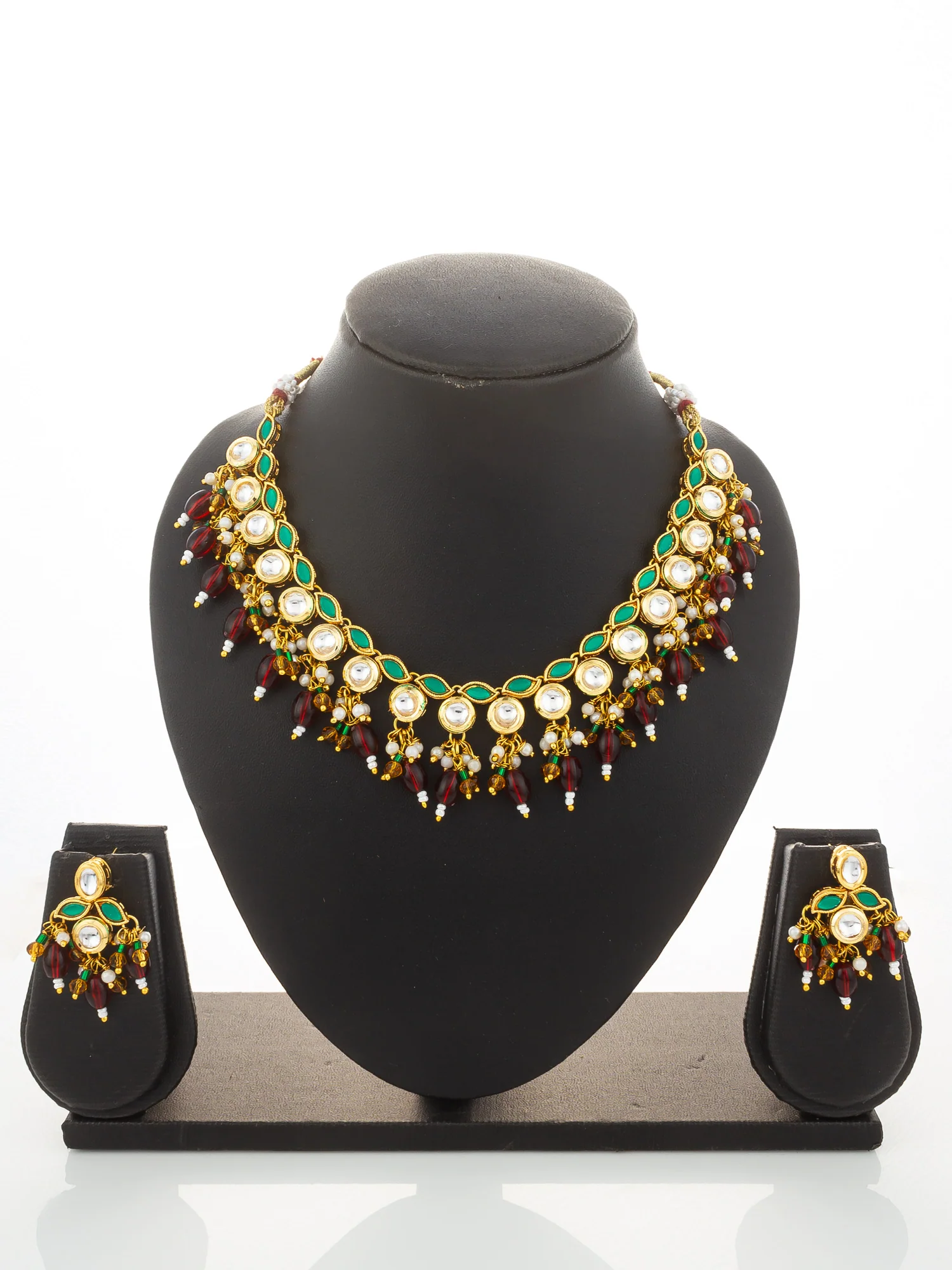 Aadita Gold Plated Kundan Necklace Set with Green Meenakari, Red Beads and Crystal Accents with Earrings - Image 5