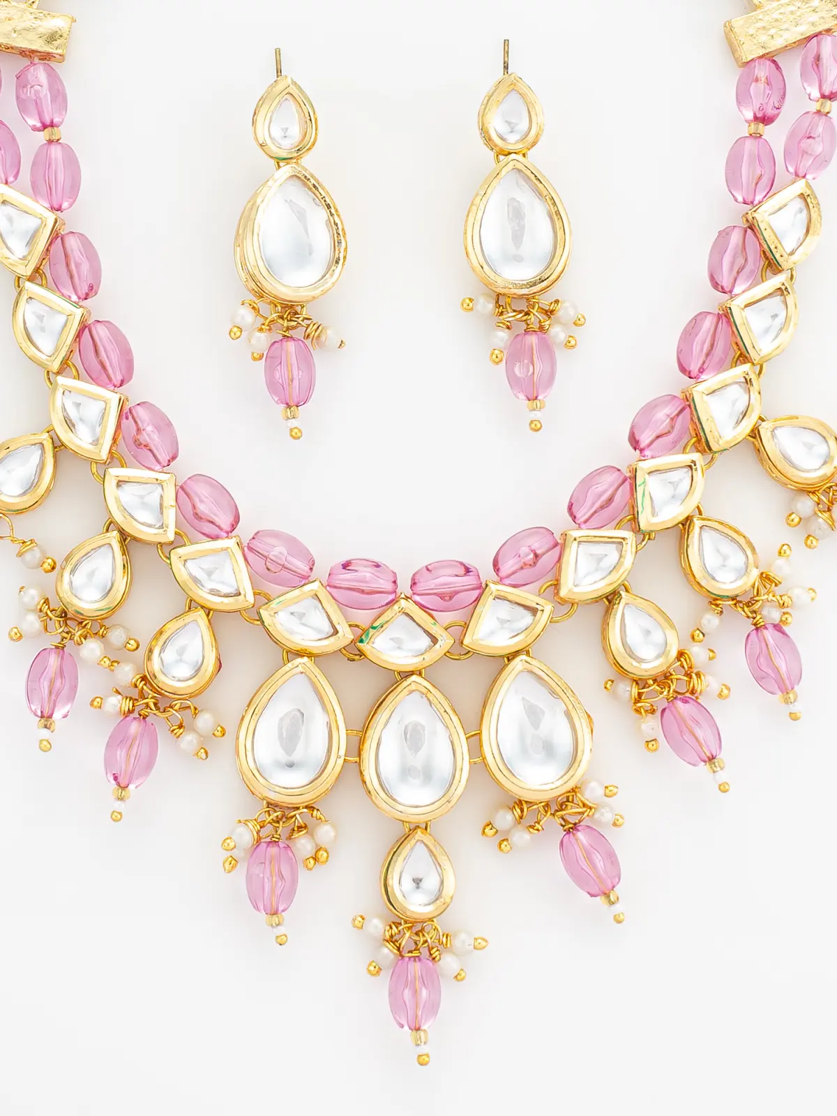 Aadita Gold Plated Kundan & Pink Crystal Drop Necklace Set - Image 4