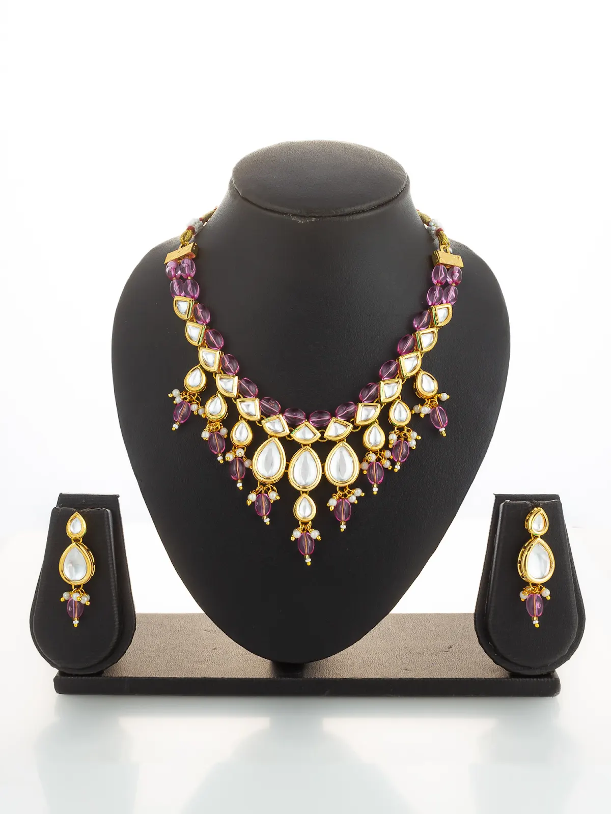 Aadita Gold Plated Kundan & Pink Crystal Drop Necklace Set - Image 5