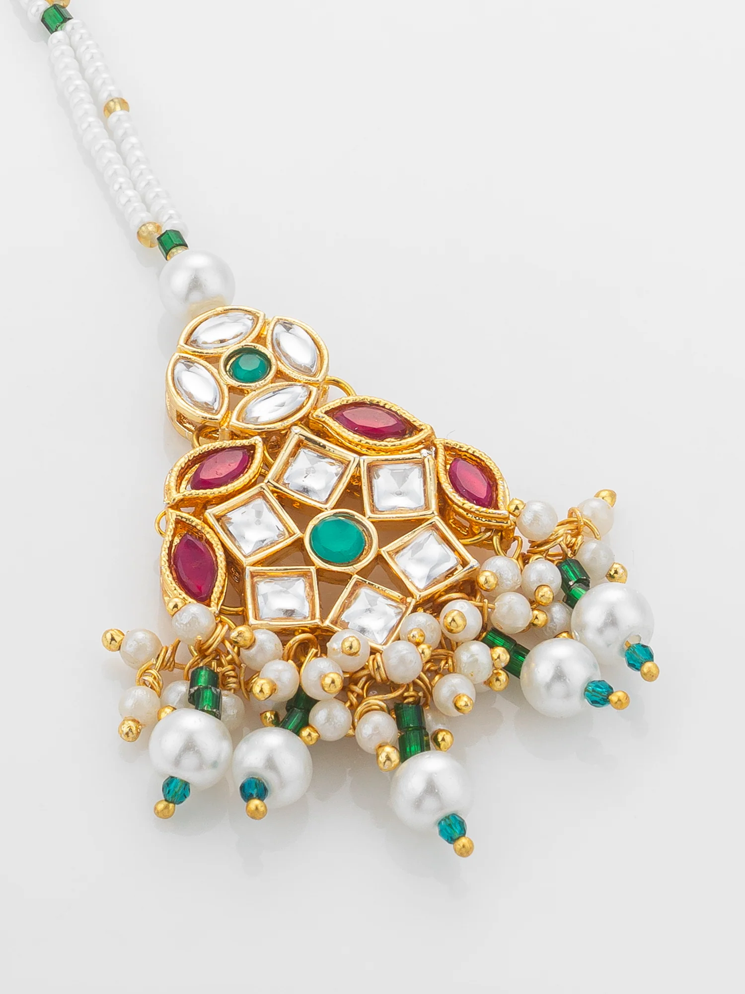 Aadita Gold Plated Multi-Stone Kundan Mangtika with White Seed Bead Chain and Pearl Fringe - Image 3