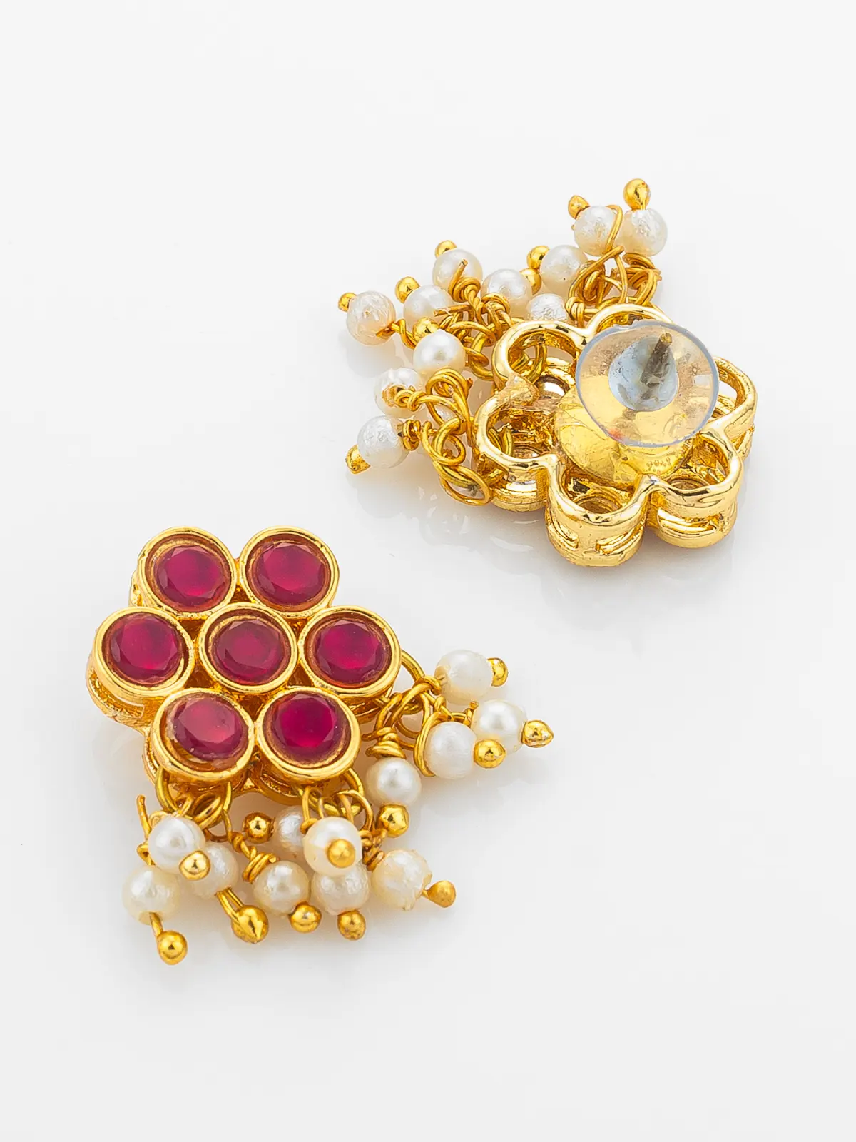 Aadita Gold Plated Pink Floral Kundan Necklace Set with Pearl Drops - Image 3