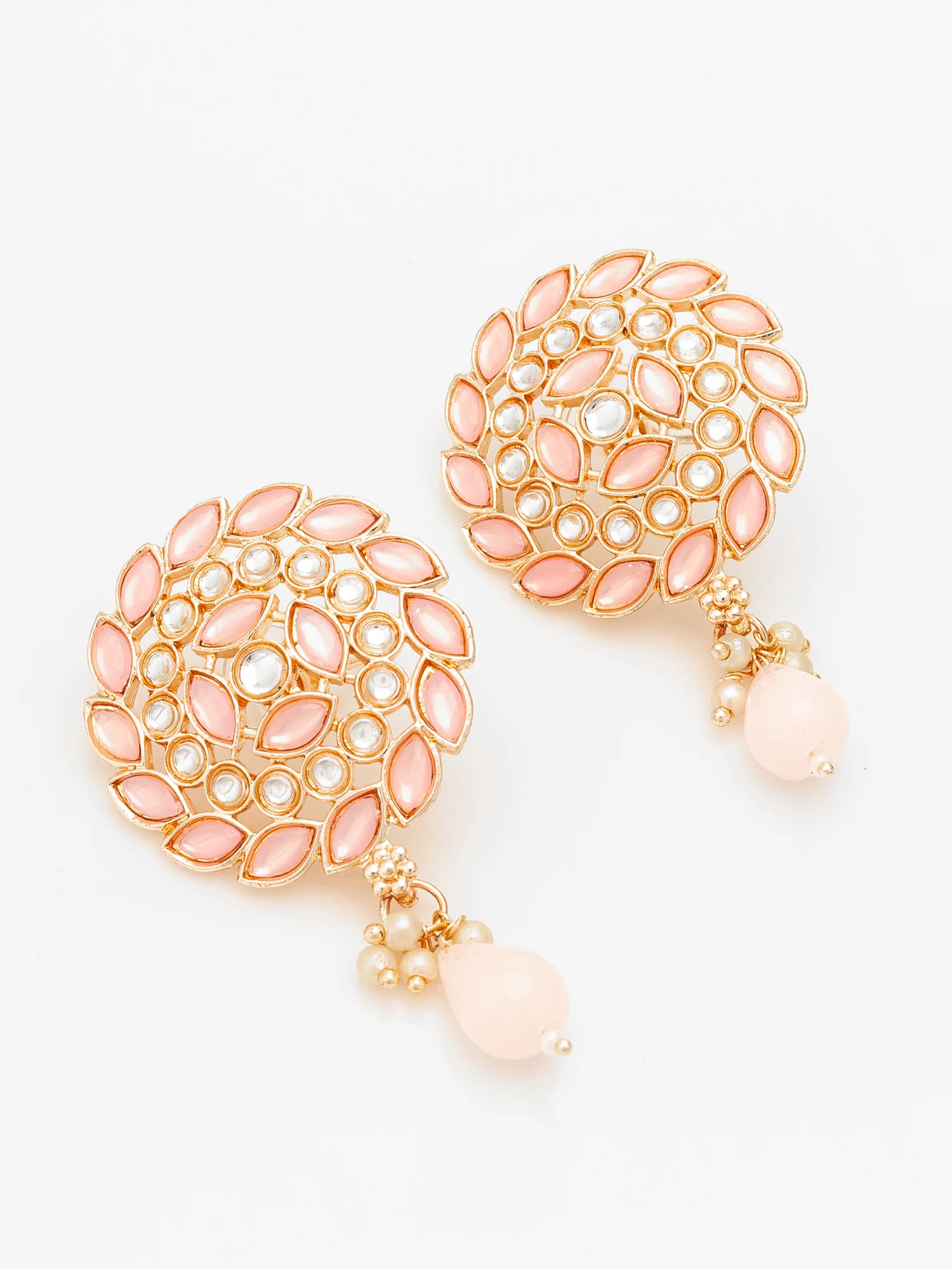 Aadita Gold Plated Pink Stone Stud Drop Earrings with Bead Accent - Image 2
