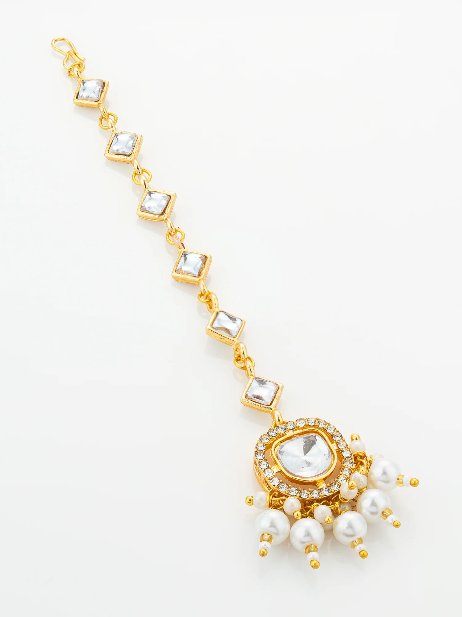 Aadita Gold Plated Square Kundan Chain Mangtika with Round Pendant and White Pearl Cluster Fringe - Image 2