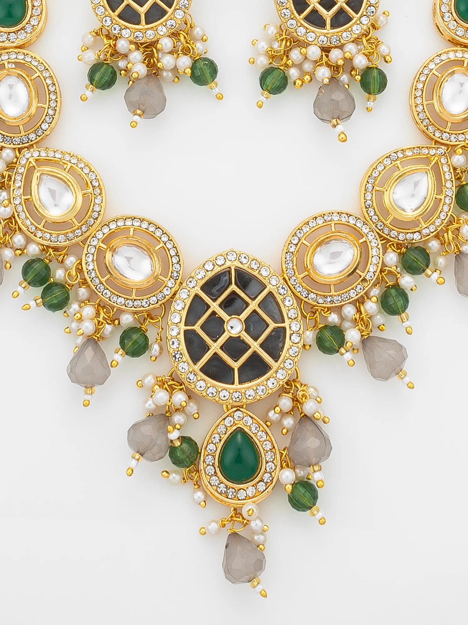 Aadita Green & Grey Necklace Set with Lattice Pendant and Drop Earrings - Image 4