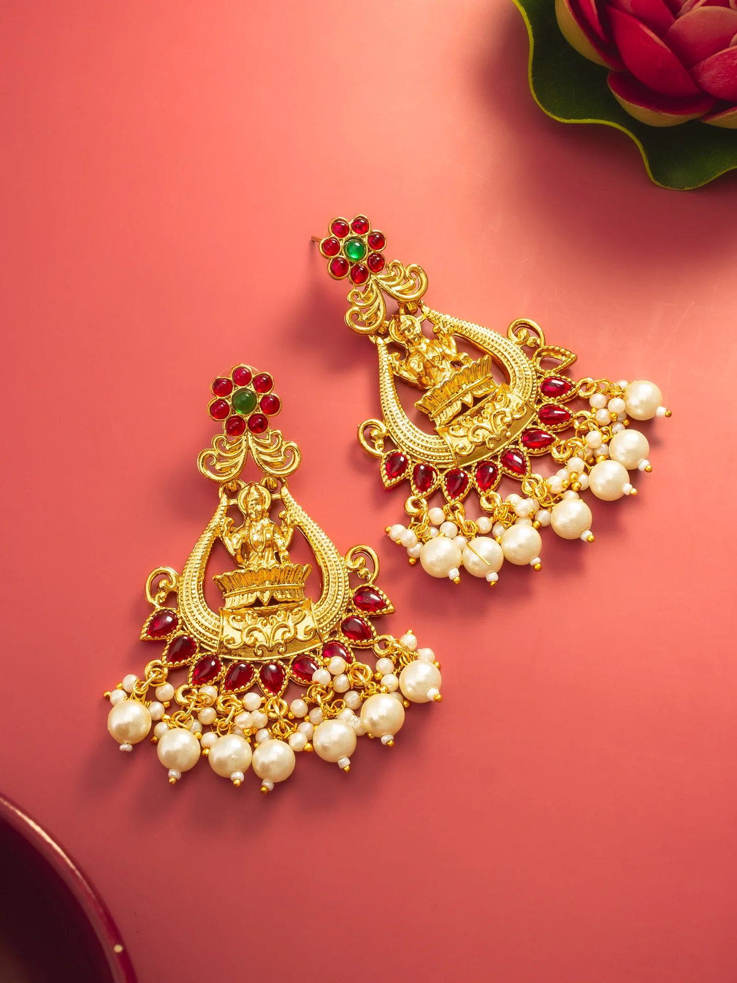 Aadita Temple Style Gold Plated Pink & Green Chandelier Jhumka Earrings - Image 5