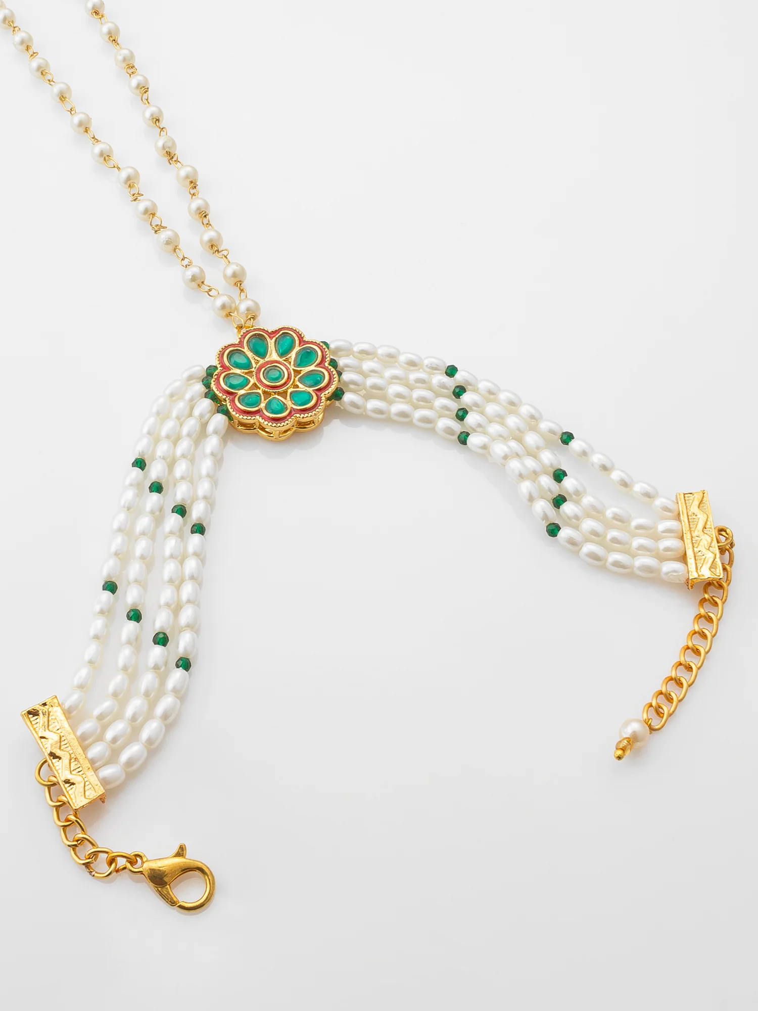 Adita Gold Plated Green Kundan & Pearl Haathphool Bracelet "“ Traditional Hand Harness Jewelry for Women & Brides - Image 2