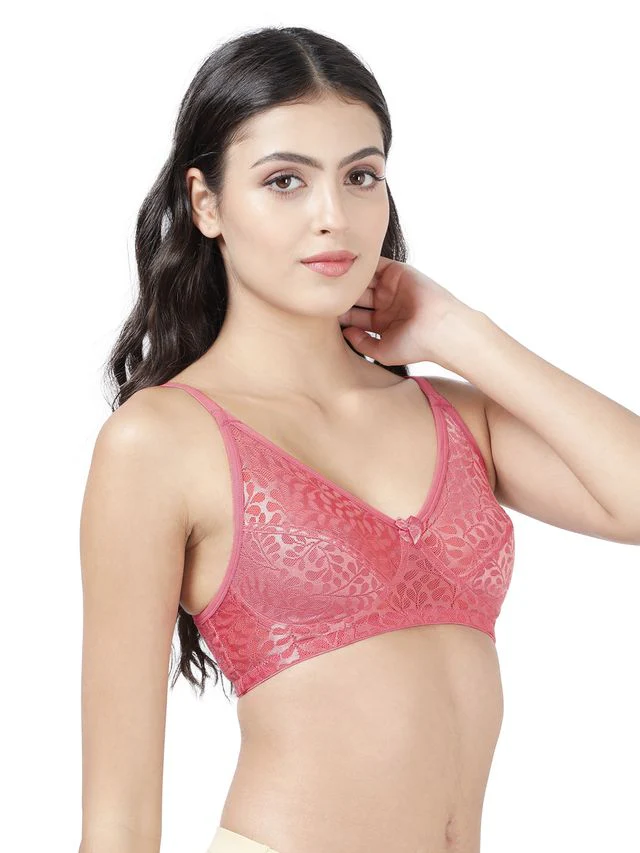 Susie 3/4th Coverage Non Padded CoralPink Wirefree Adjustable, Non Detachable Lace Bra - Image 2