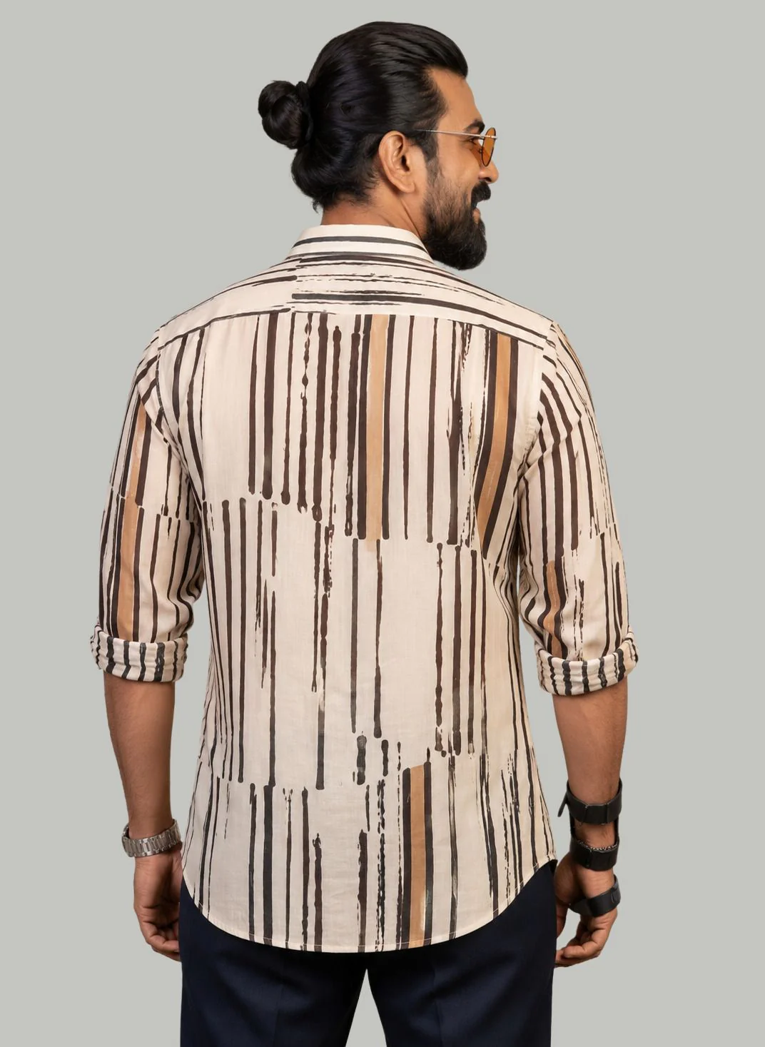 Men Abstract Stripe Print Shirt | Beige Multicolor Casual Full Sleeve Shirt - Image 4