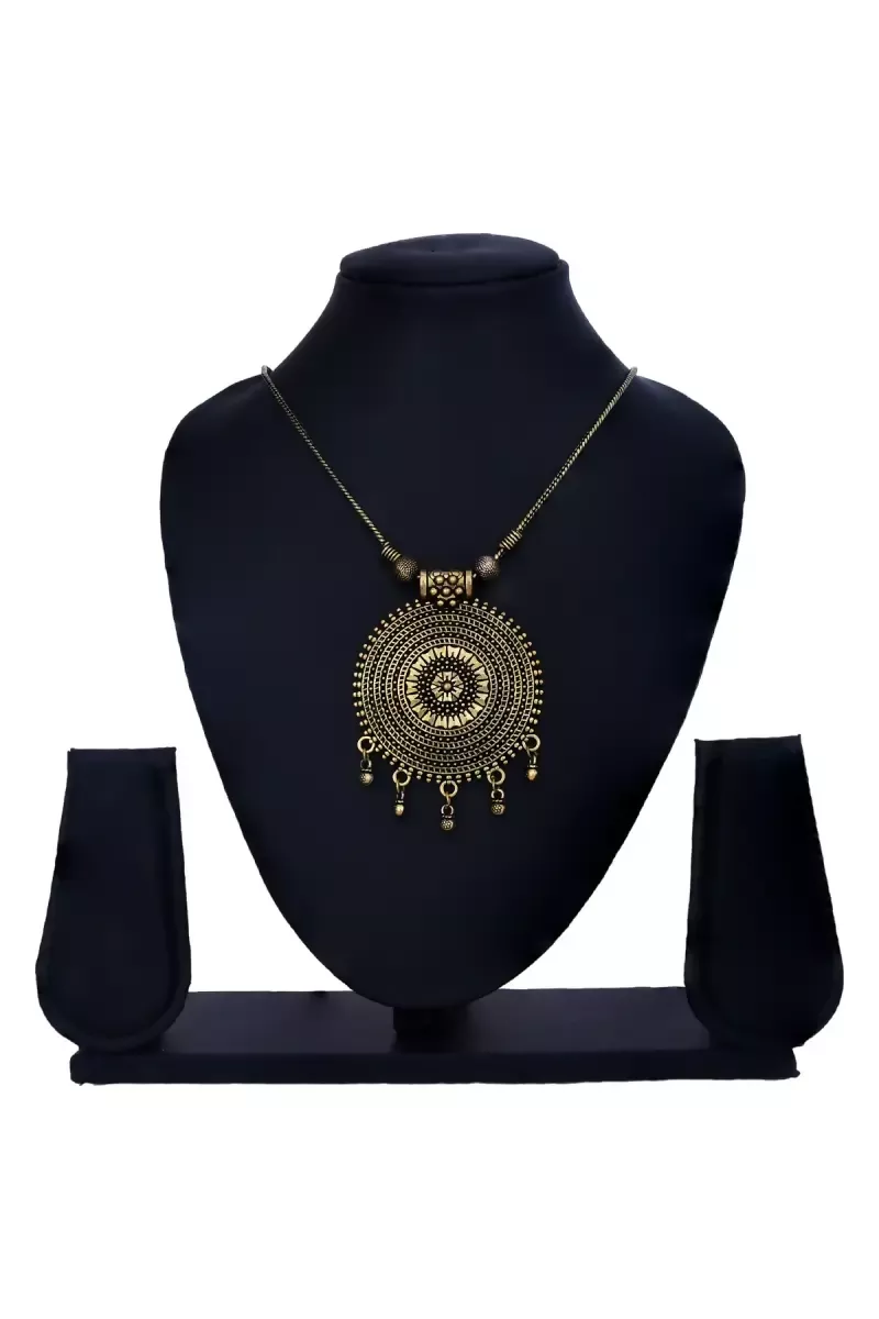 Antique Oxidized Gold Circular Pendant Necklace for Girls & Women - Gold, 22 inches - Image 3