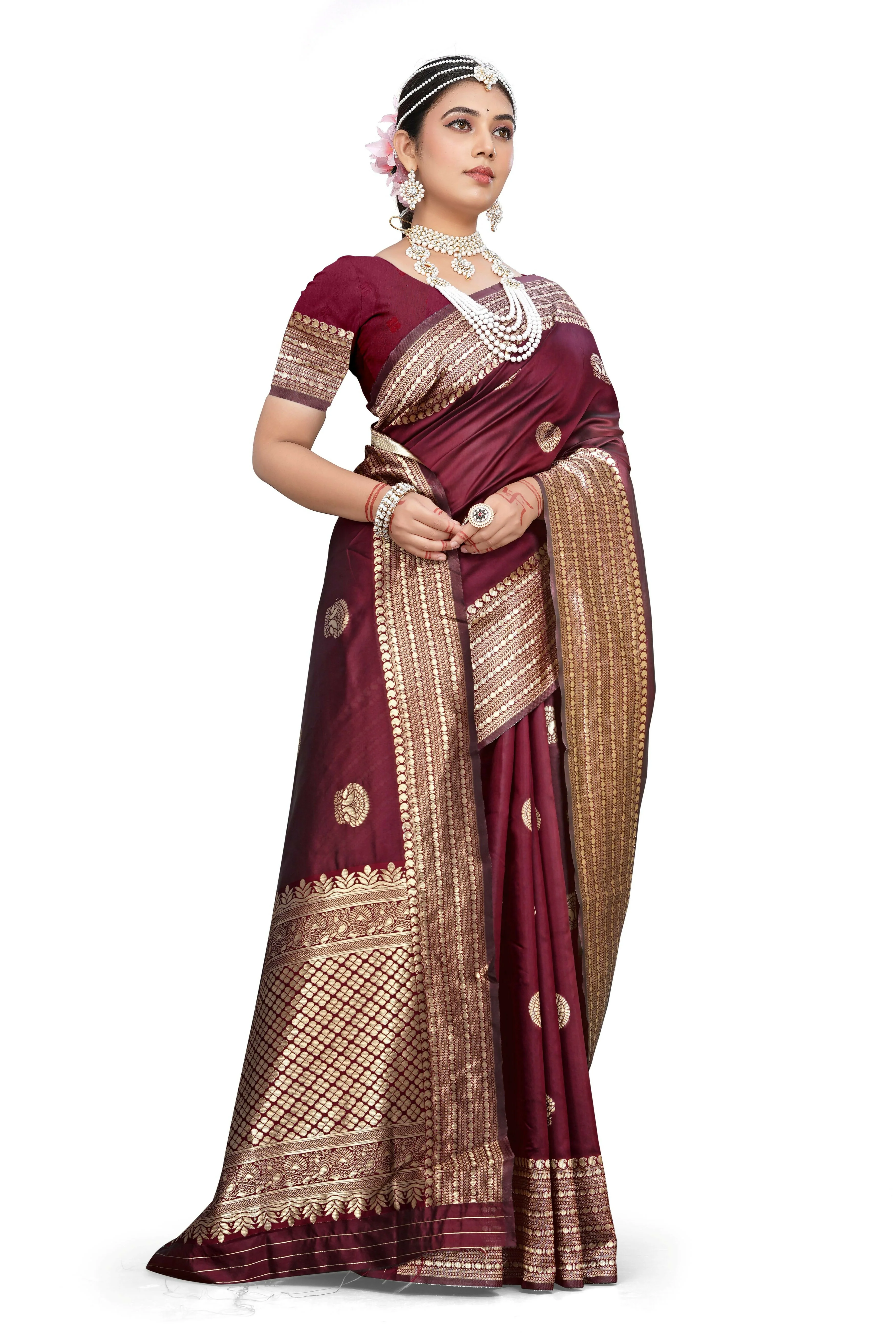AXONIT Classic Maroon Banarasi Silk Saree with Traditional Zari Motifs - Image 3
