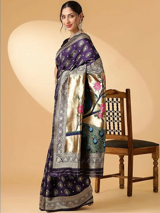 AXONIT Jacquard Silk Saree with Golden Zari Peacock Design, Festive Wear - Image 11