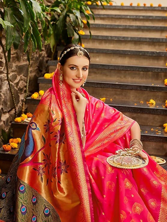 AXONIT Jacquard Silk Saree with Golden Zari Peacock Design, Festive Wear - Image 3