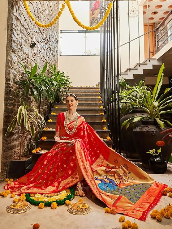 AXONIT Jacquard Silk Saree with Golden Zari Peacock Design, Festive Wear - Image 8