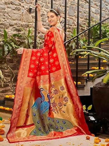 AXONIT Jacquard Silk Saree with Golden Zari Peacock Design, Festive Wear - Image 9