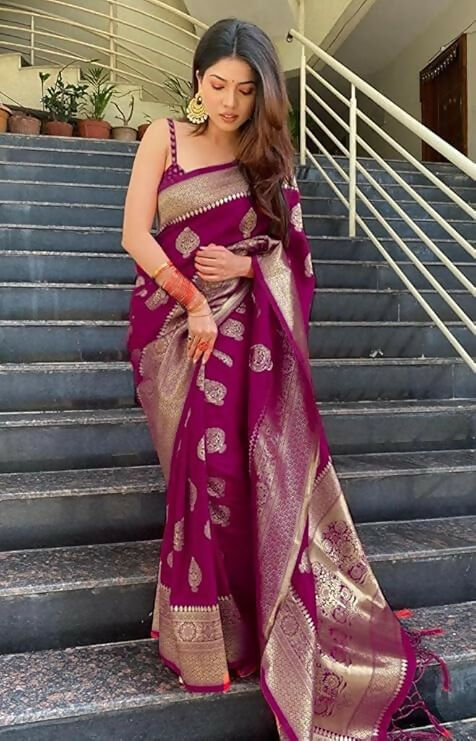 AXONIT Jacquard Silk Saree with Heavy Golden Zari Butta & Antique Gold Border - Image 13