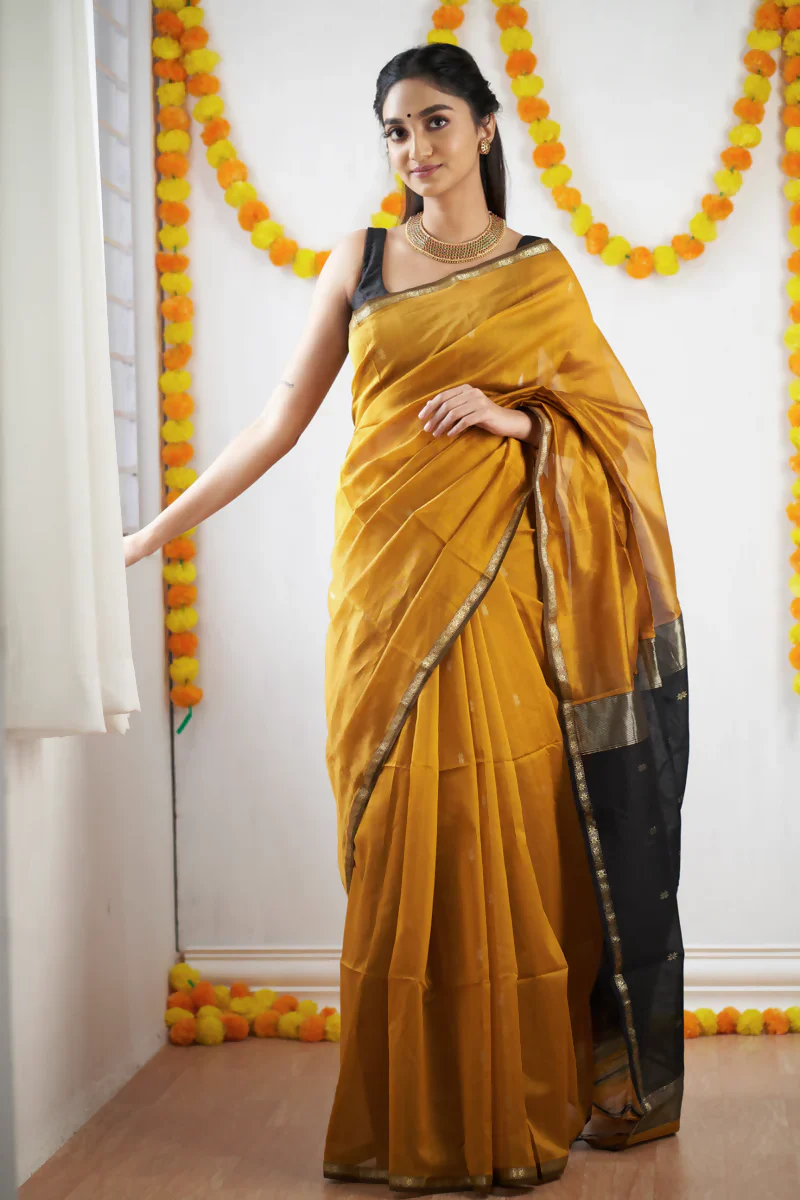 AXONIT Premium Golden Cotton Saree with Lightweight Fabric, Elegant Zari Border, and Traditional Finish - Image 6