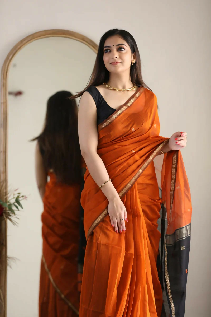AXONIT Premium Golden Cotton Saree with Lightweight Fabric, Elegant Zari Border, and Traditional Finish - Image 9