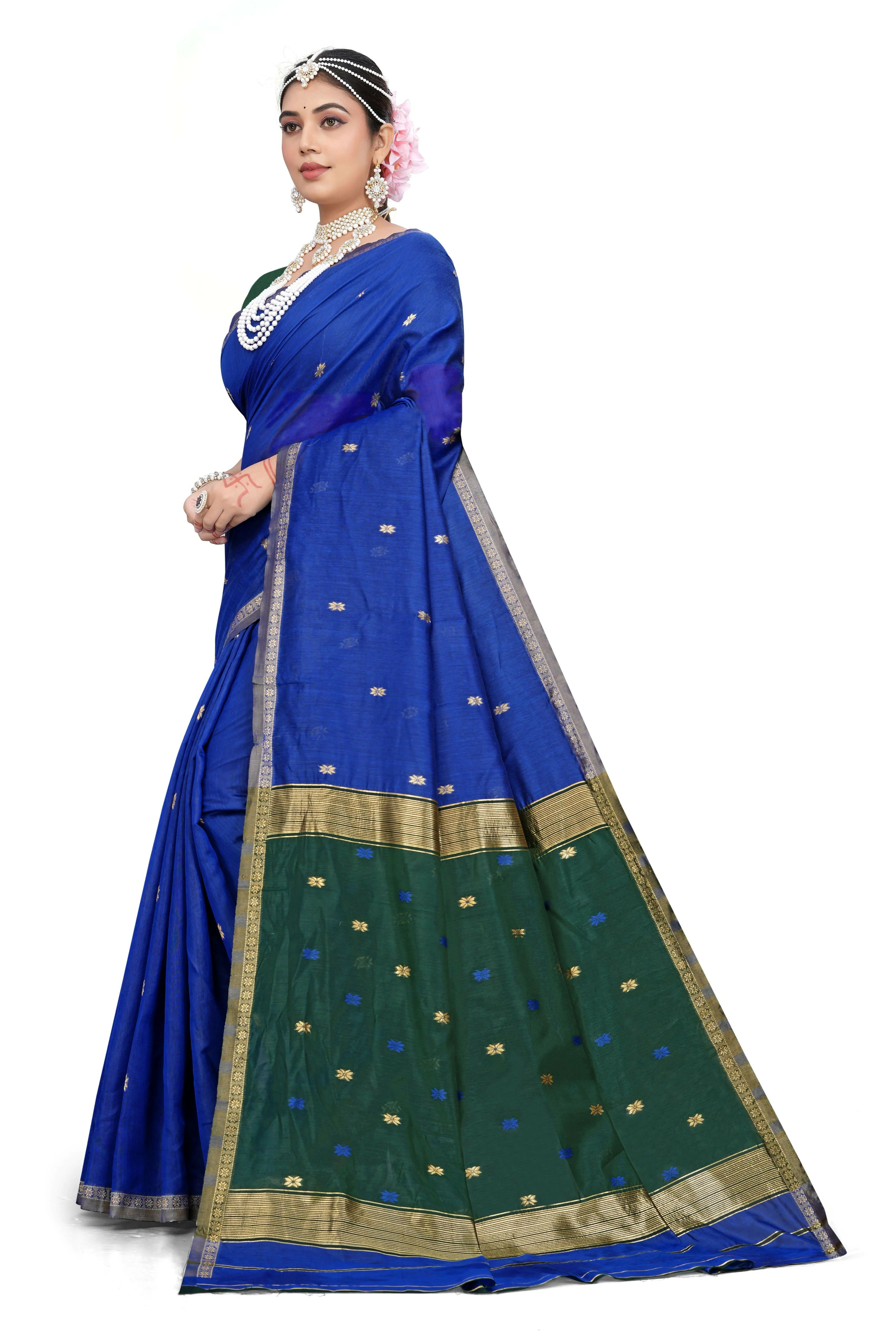 AXONIT Traditional Cotton Saree with Golden Zari Border – Festive & Pooja Wear - Image 2