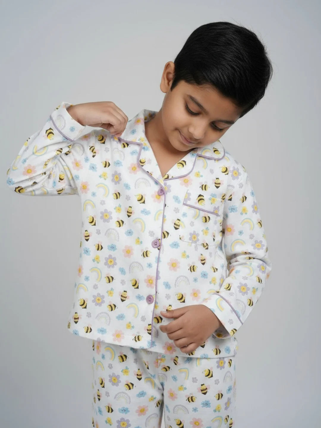 Biglilpeople Unisex Full Sleeve Nightsuits (White) – Bee & Rainbow Print Theme - Image 2