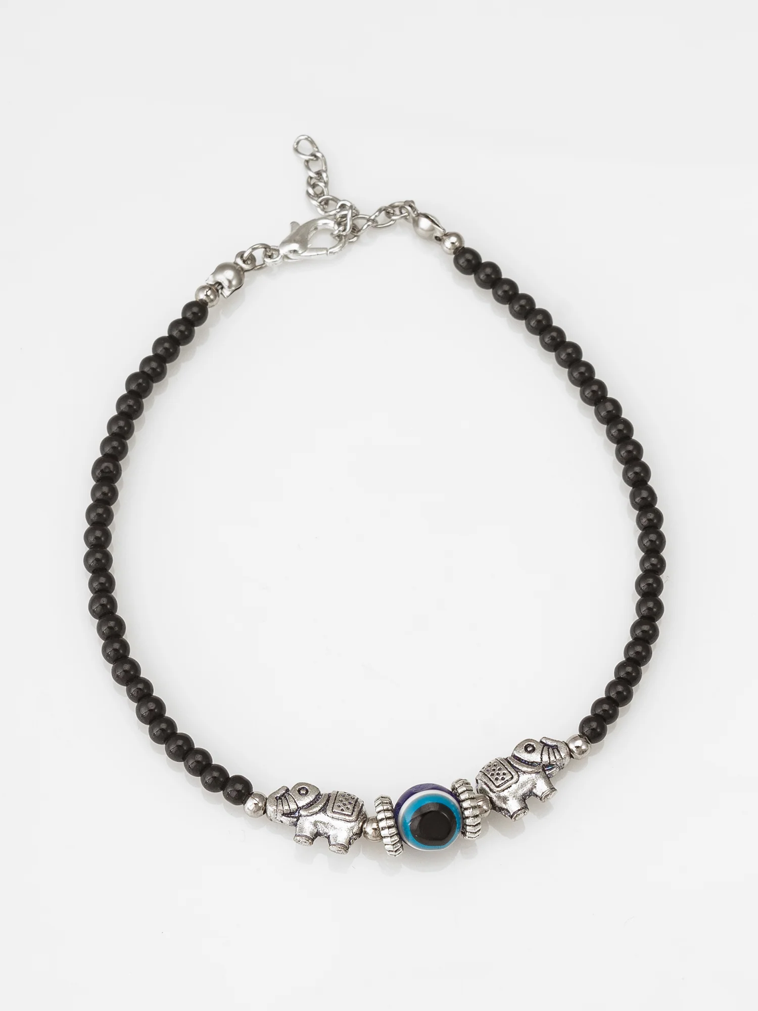 Black Bead Elephant Evil Eye Oxidized Single Anklet - Image 2
