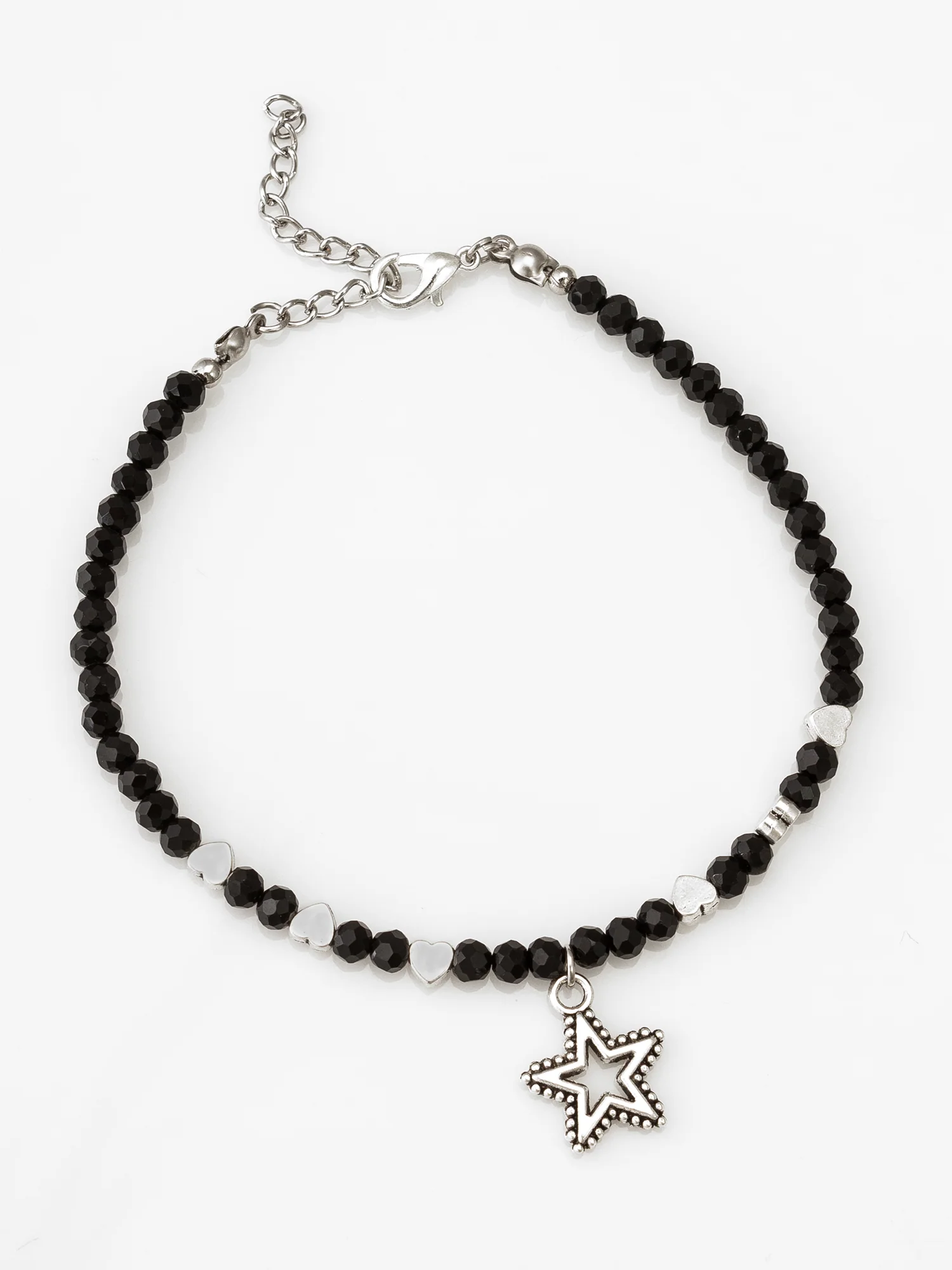 Black Faceted Bead Oxidized Star Charm Beaded Anklet - Image 2