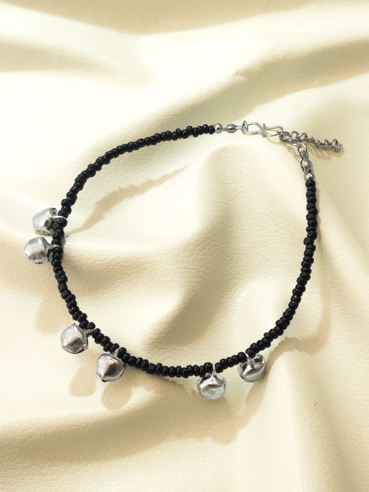 Black Seed Bead Anklet with Silver-Tone Ghungroo Bell Charms - Image 4