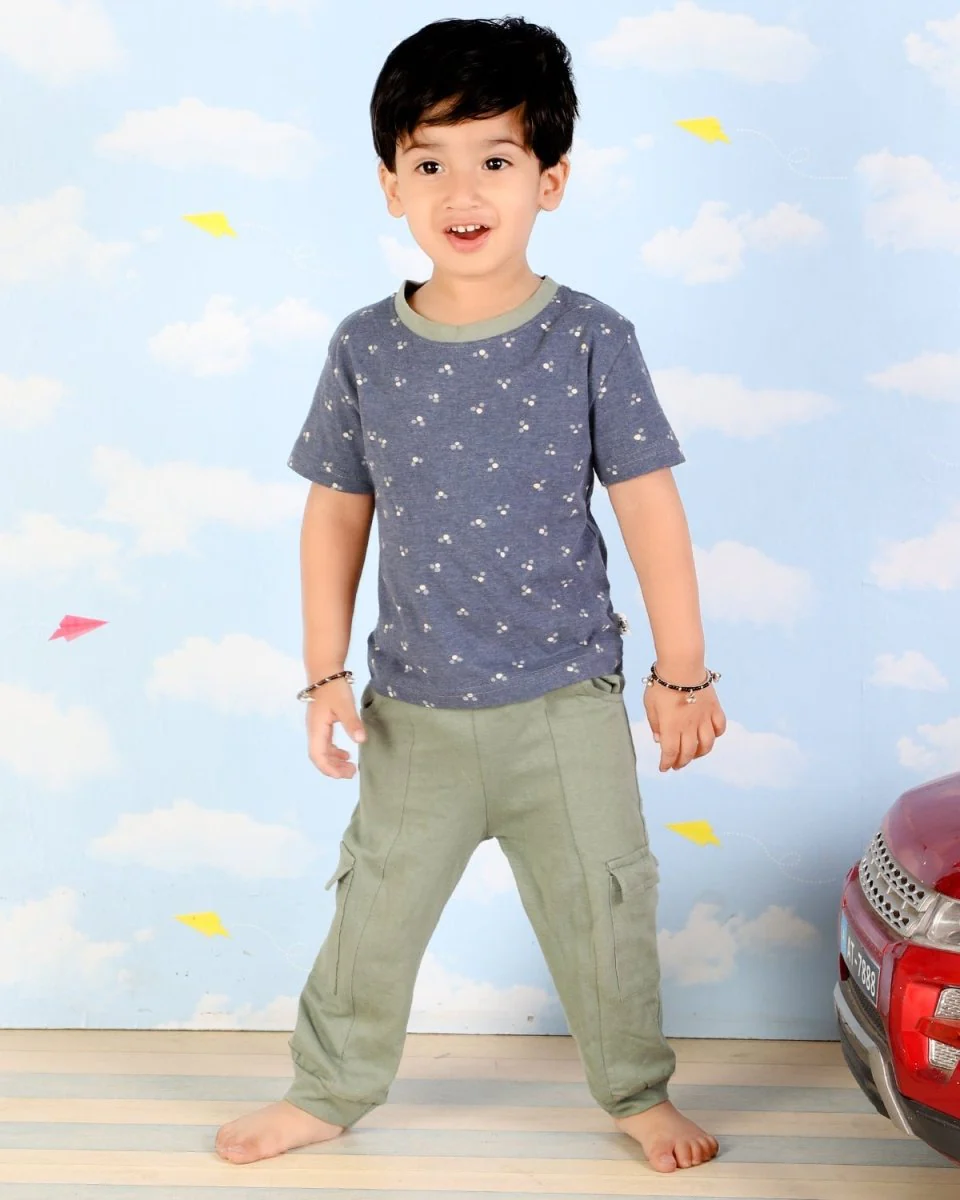 Blue And Olive Boys Tshirt and Cargo Pant Set