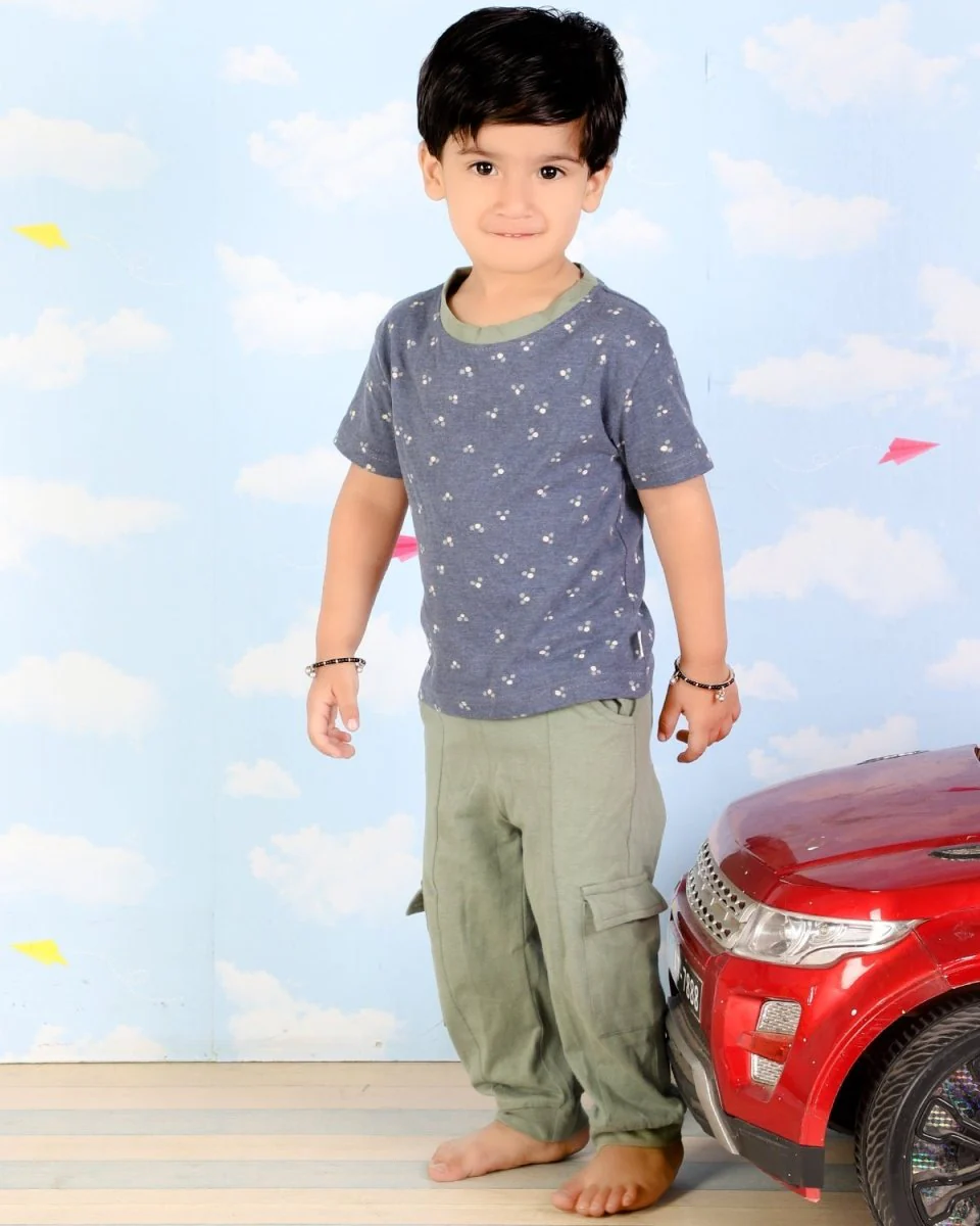 Blue And Olive Boys Tshirt and Cargo Pant Set - Image 4
