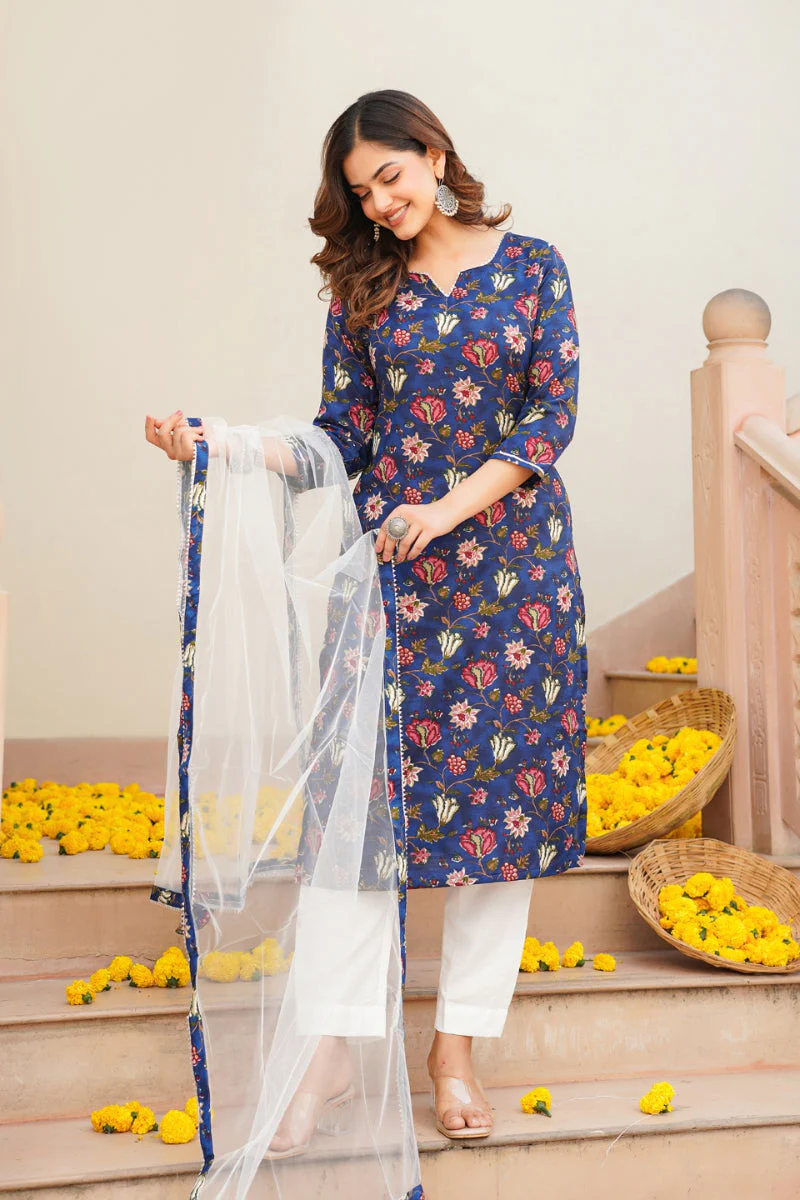 Blue Rayon Blend Printed Kurta Pant With Dupatta - Image 7