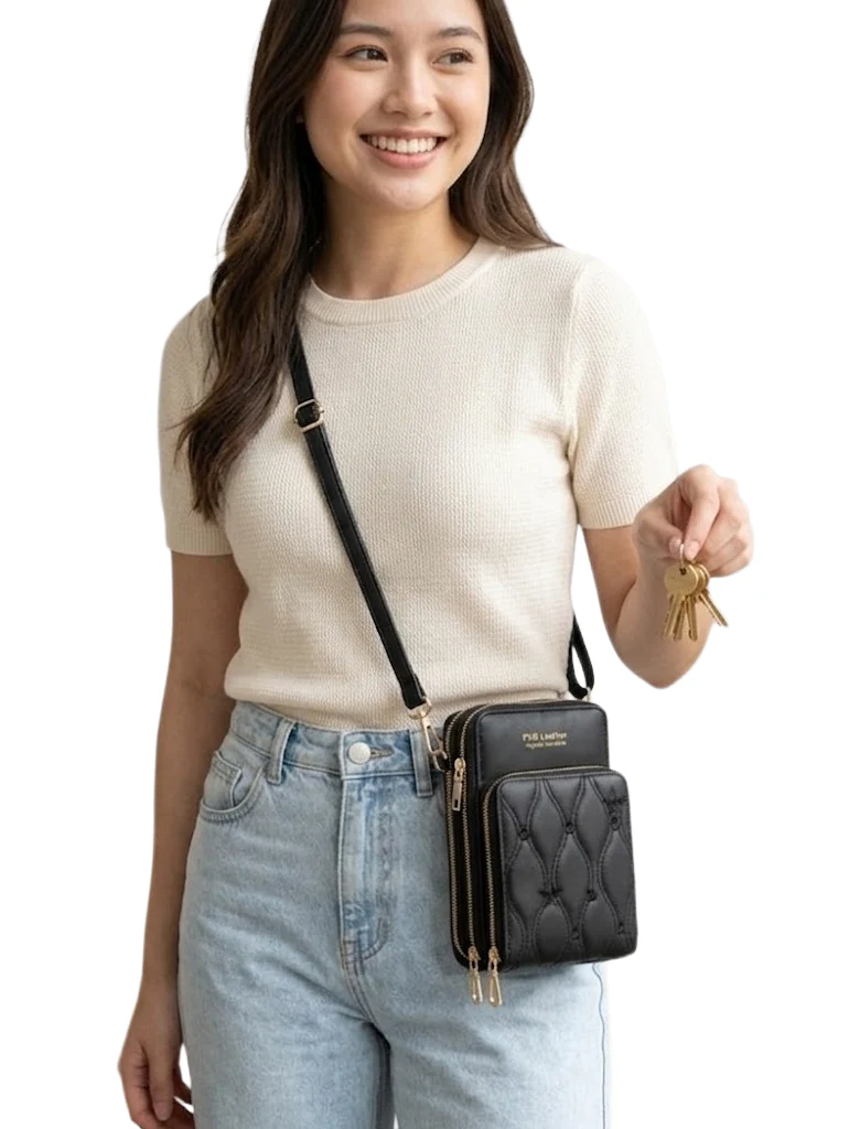 Buddy Cares PVB Leather Quilted Sling Bag for Women – Black Crossbody Bag with Silver-Tone Zippers - Image 5
