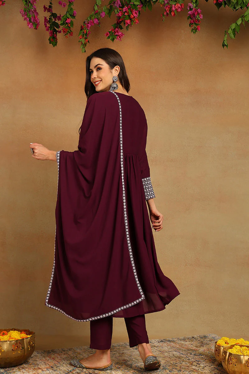 Burgundy Poly Georgette Yoke Design Suit Set - Image 4