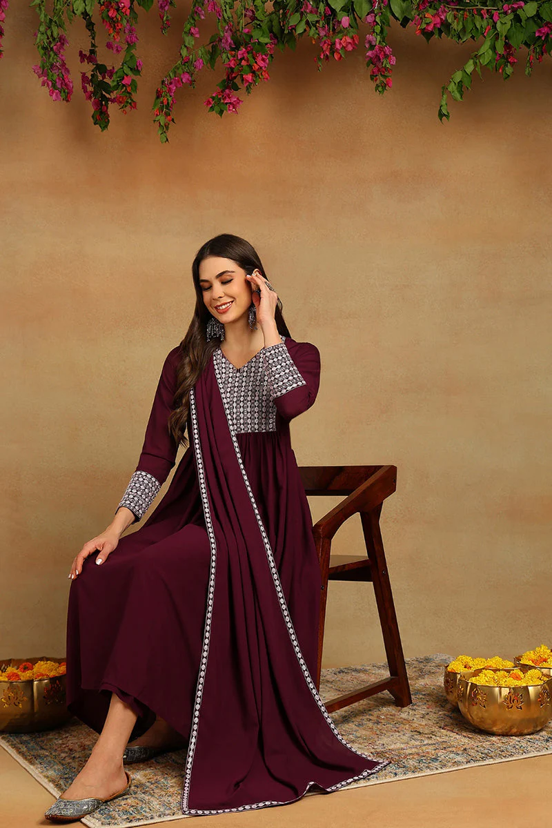 Burgundy Poly Georgette Yoke Design Suit Set - Image 7