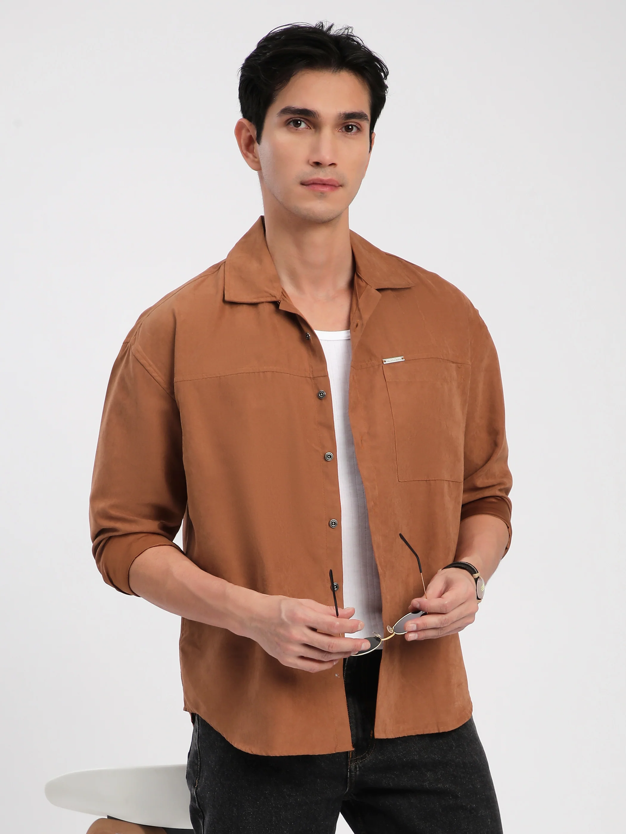 Rust Orange Front Yoke Suede Shirt